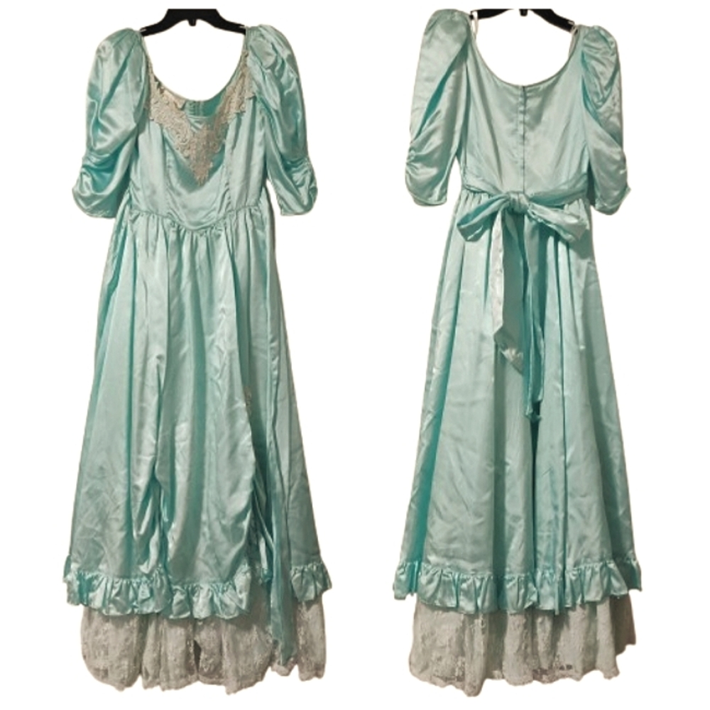 Gunne Sax Jessica Mclintock 70's/80's Light Blue Metallic White Lace Gown 5